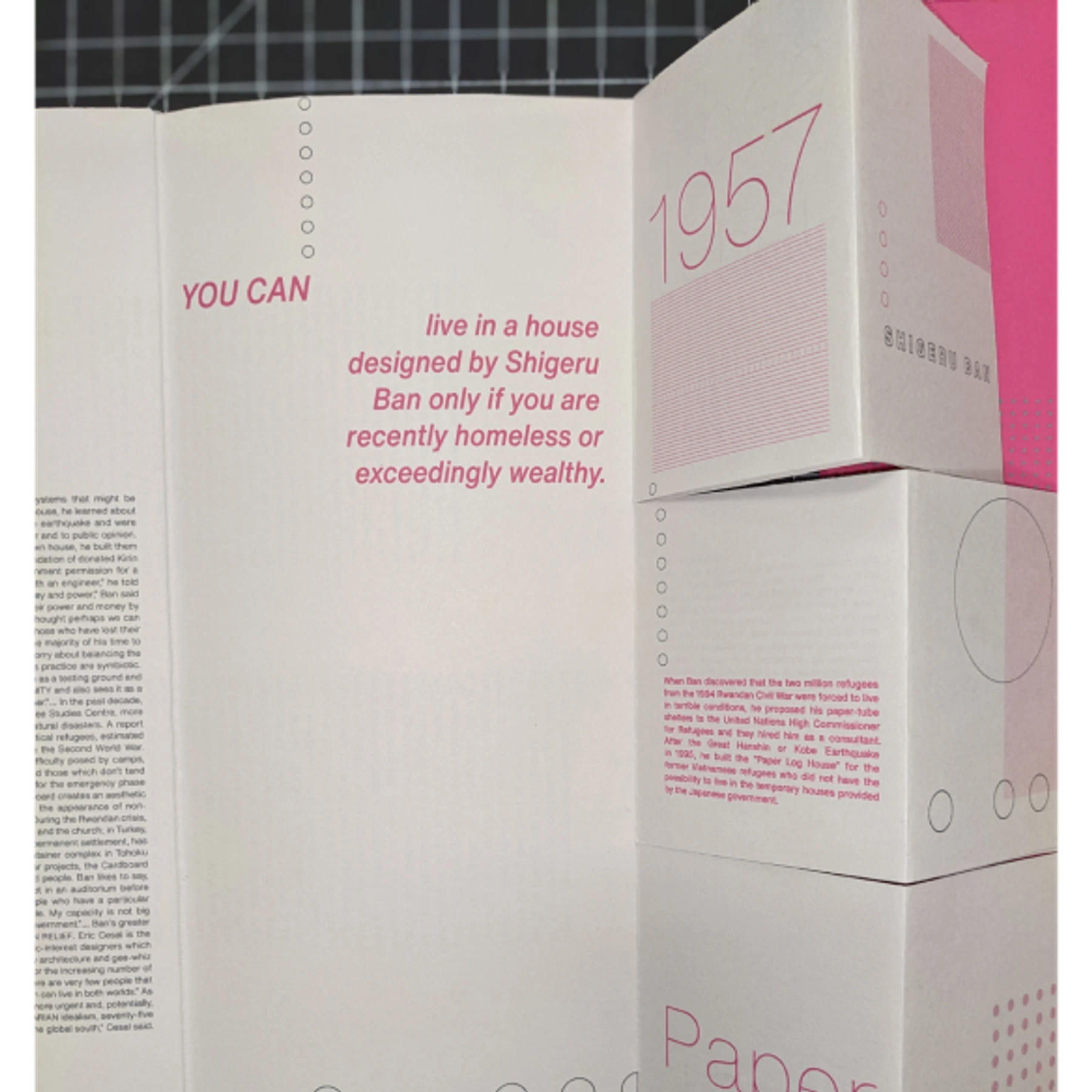 Folded Paper Palaces page showing magenta and gray editorial panels.