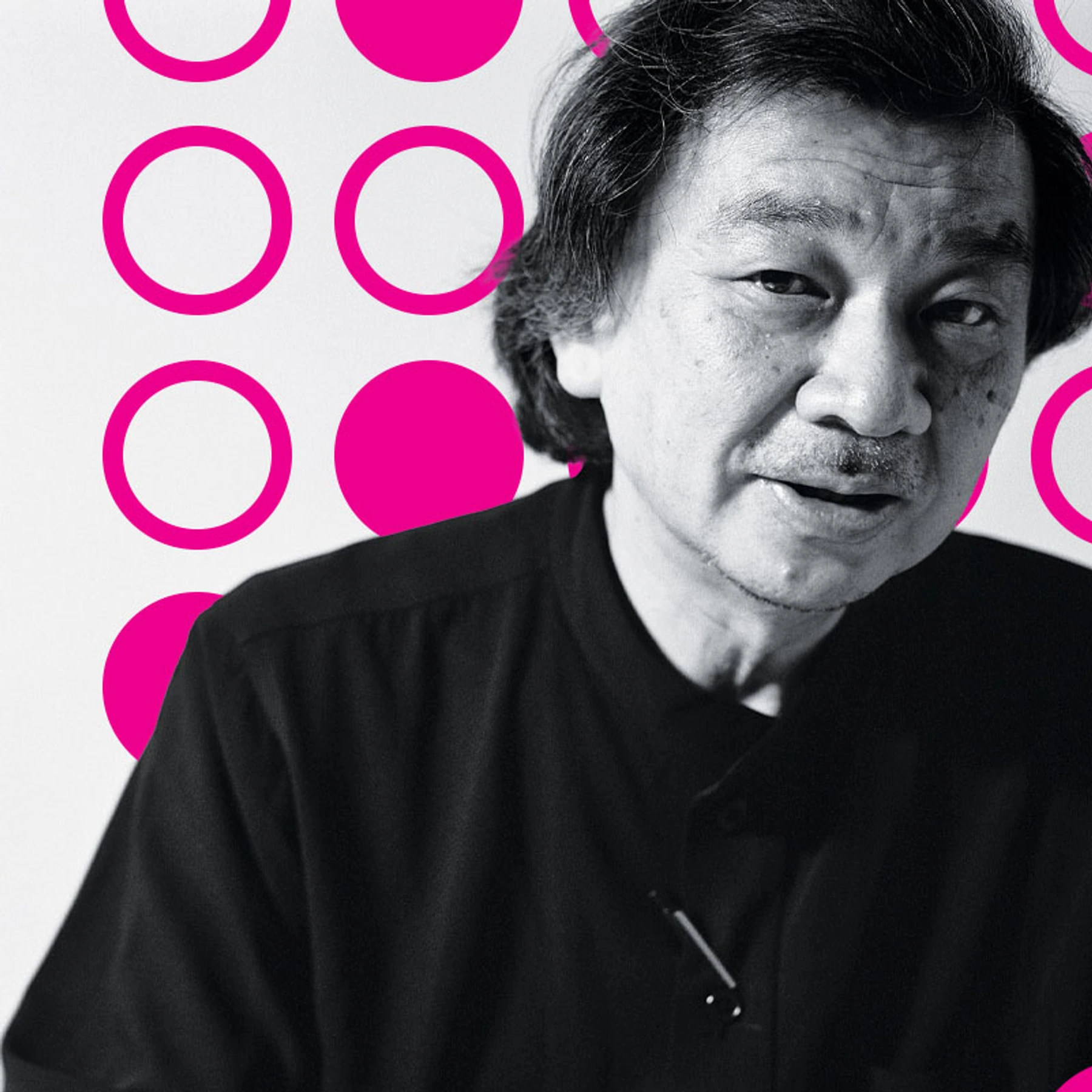 Black and white portrait of Shigeru Ban against a magenta circle pattern.