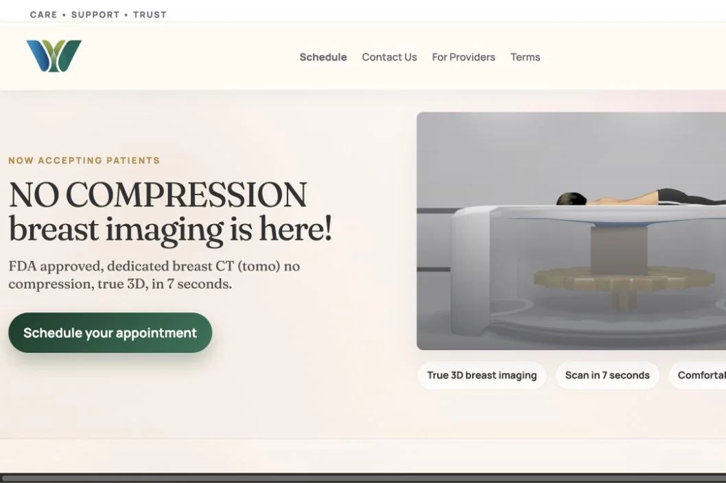 Live Vital View 3D homepage announcing no-compression breast imaging and accepting patients.