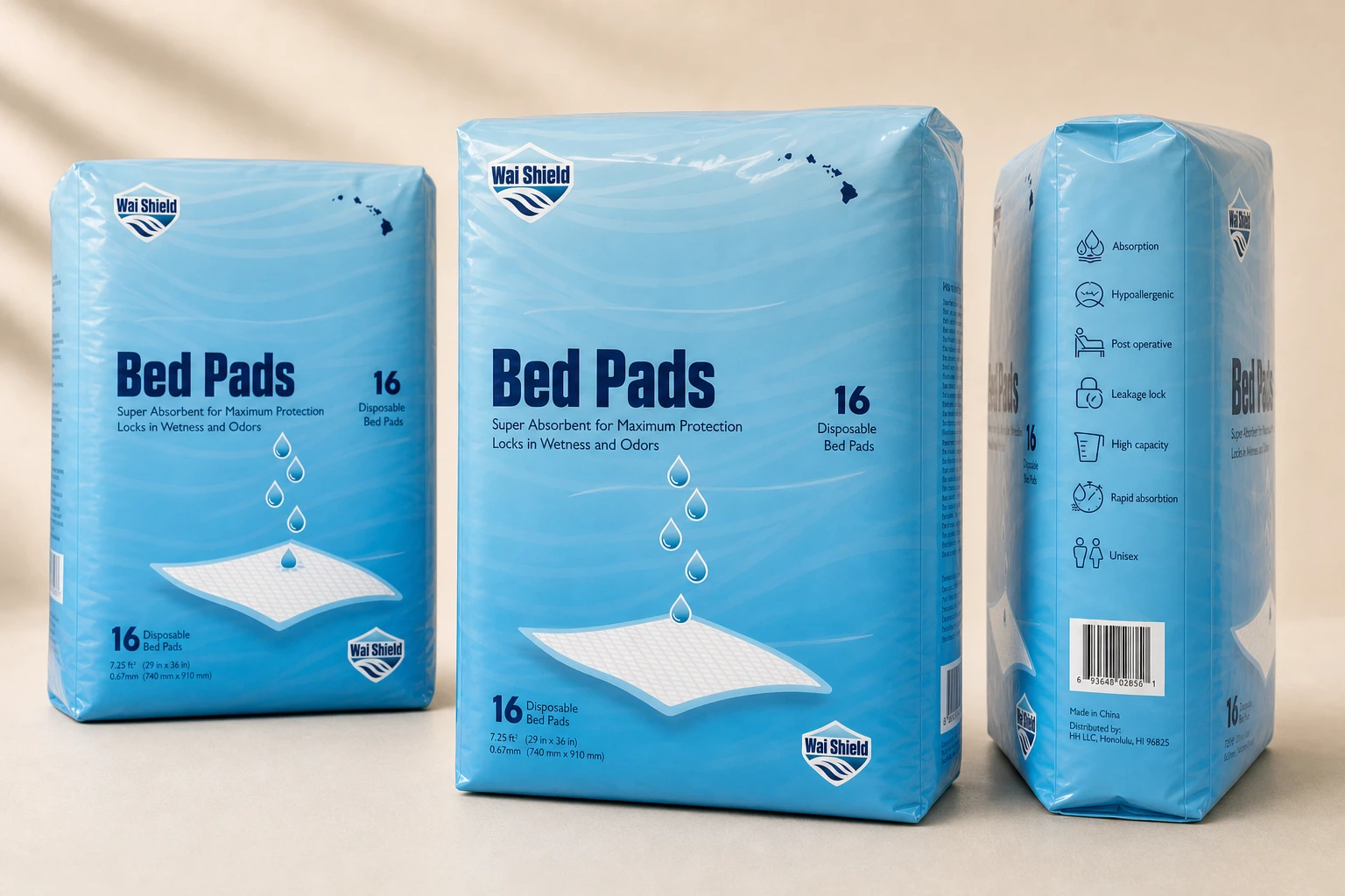 Photoreal Wai Shield bed pad package mockups with front-facing packs and a side-facing pack using the supplied design language.