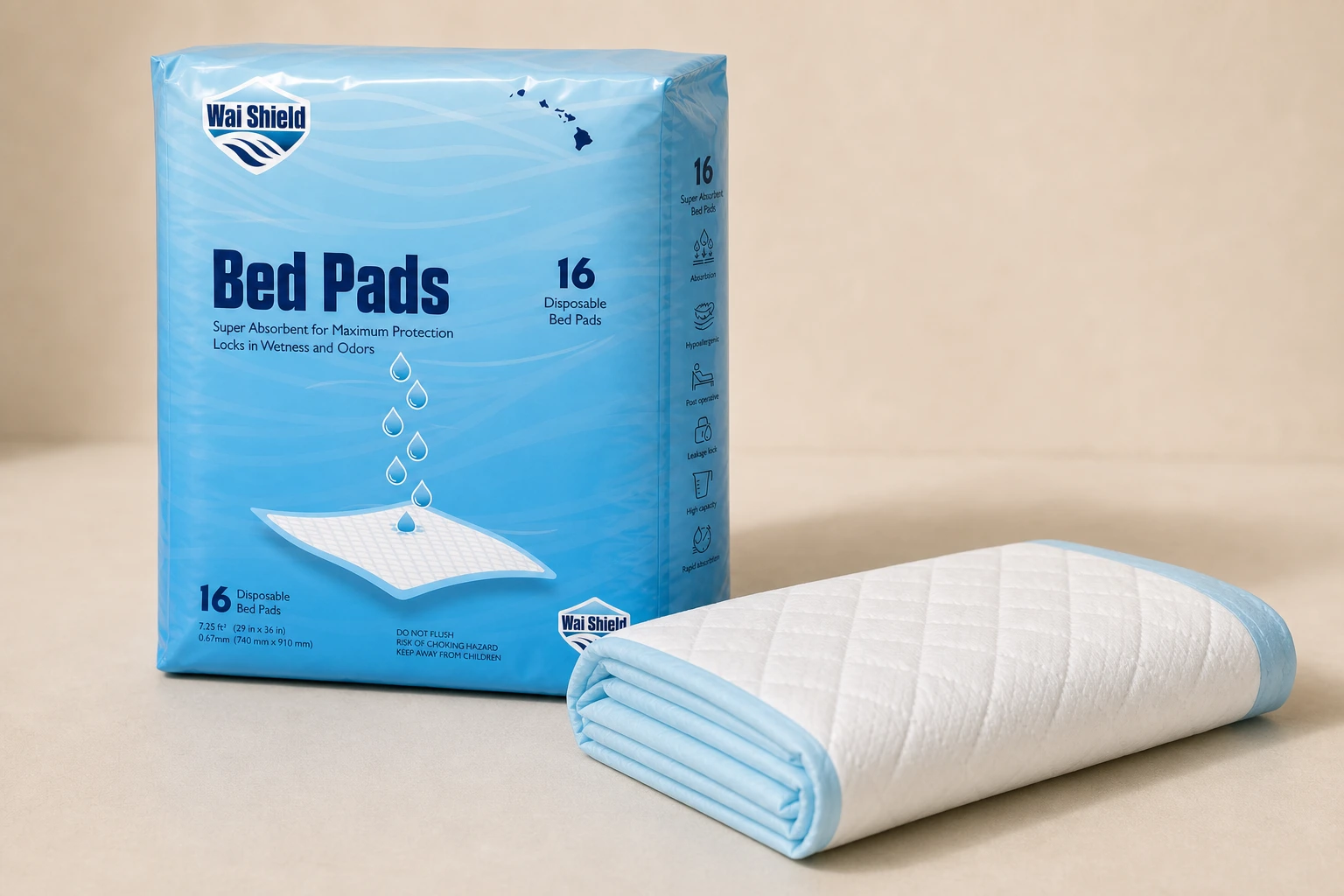 Closed Wai Shield bed pad package with a folded adult underpad in front, showing blue edging.