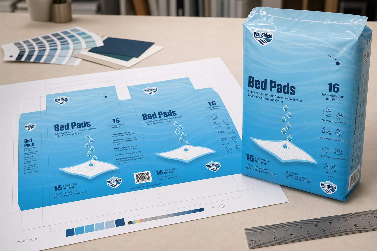 Photoreal design table scene with a Wai Shield package beside a printed die cut proof.